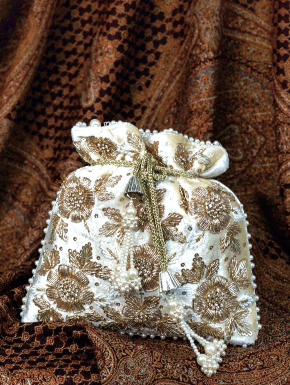 Embroidered Ivory and Gold Drawstring Potli Bag